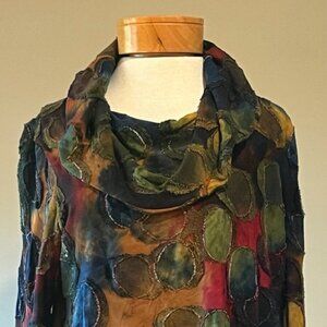 Alf Miles Textured Patchwork Tunic Top Size Medium Colorful Cowl Neck Boho Artsy